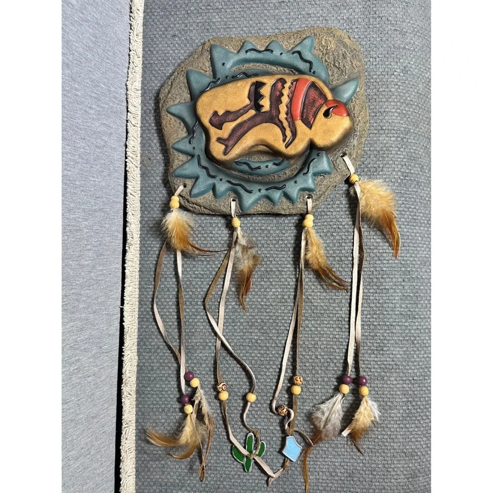 Southwestern Buffalo Bear Wall Art Set Resin Petroglyph Plaques Feathers Beads
